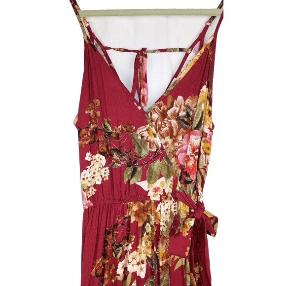 Band of Gypsies Floral Maxi Dress Wrap Style Ruffle Hem Size S Wine Red Summer - Picture 3 of 12